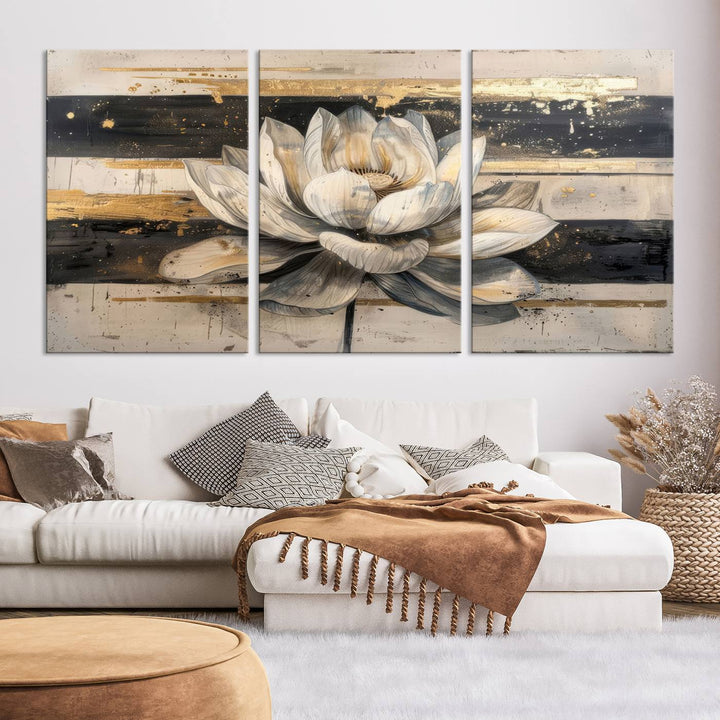 Abstract Lotus Flower Canvas Wall Art Print - Serene White and Gold Floral Design, Perfect for Living Room, Bedroom, or Office Decor, Ready to Hang