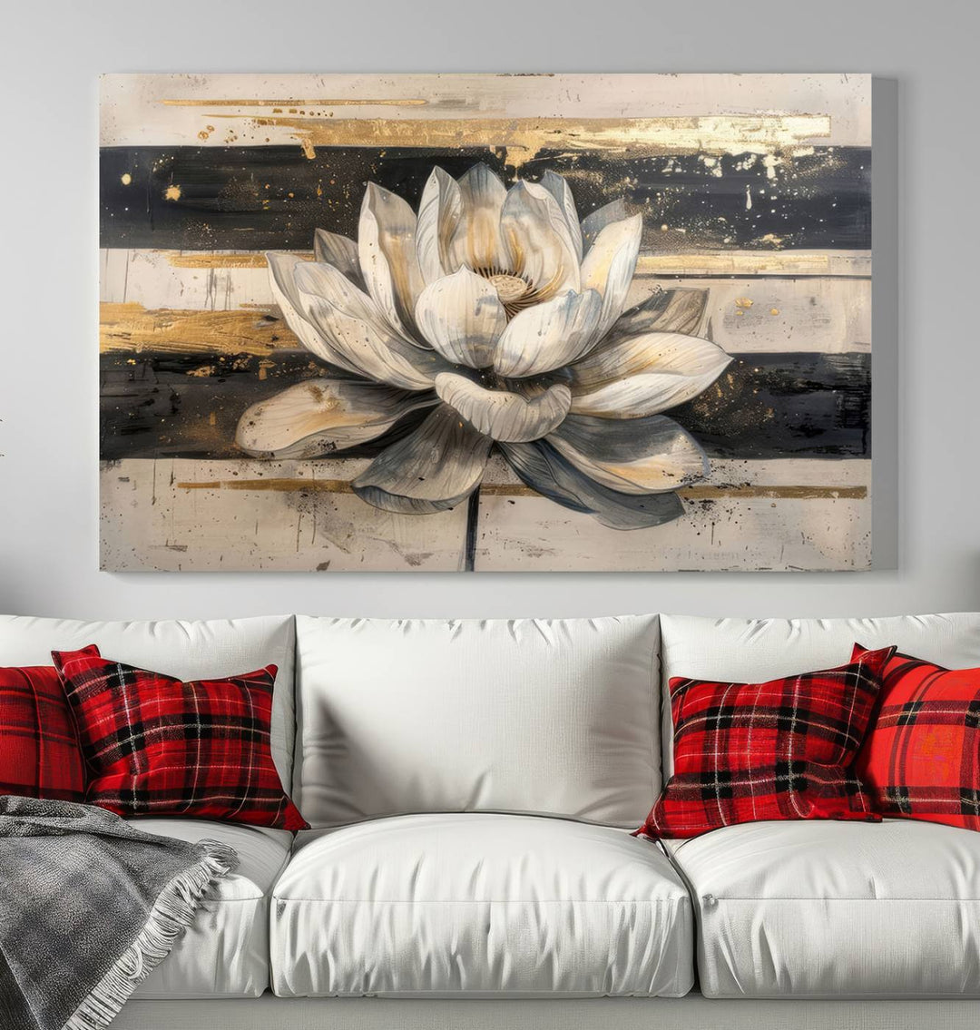 Abstract Lotus Flower Canvas Wall Art Print - Serene White and Gold Floral Design, Perfect for Living Room, Bedroom, or Office Decor, Ready to Hang