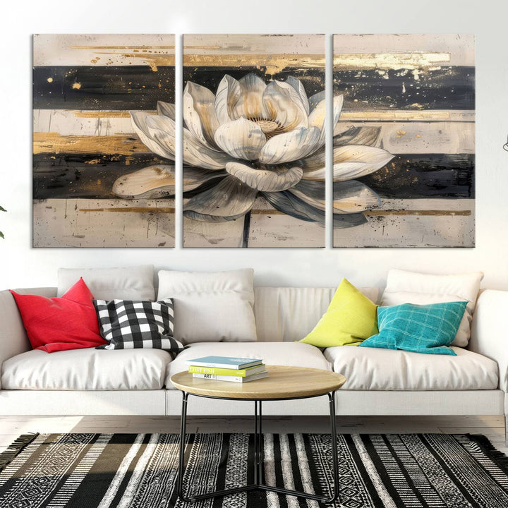 Abstract Lotus Flower Canvas Wall Art Print - Serene White and Gold Floral Design, Perfect for Living Room, Bedroom, or Office Decor, Ready to Hang