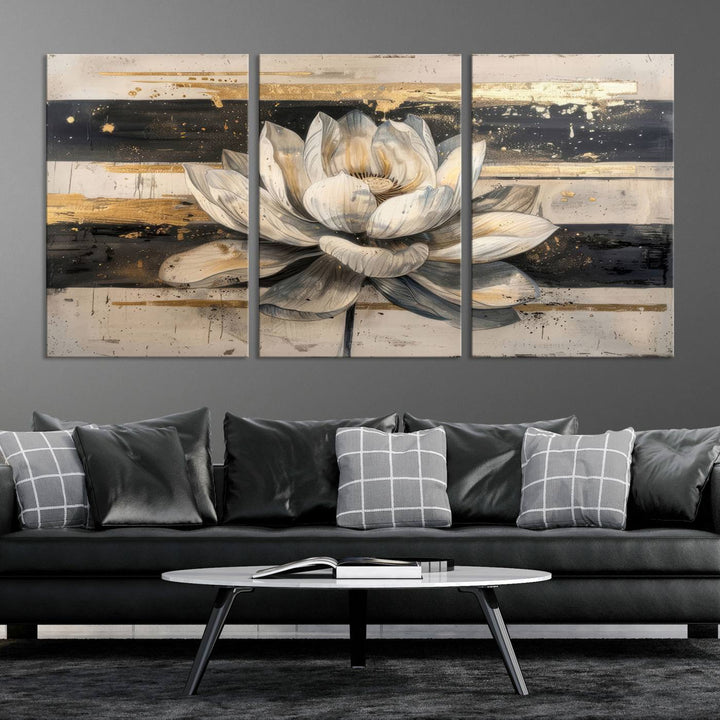 Abstract Lotus Flower Canvas Wall Art Print - Serene White and Gold Floral Design, Perfect for Living Room, Bedroom, or Office Decor, Ready to Hang