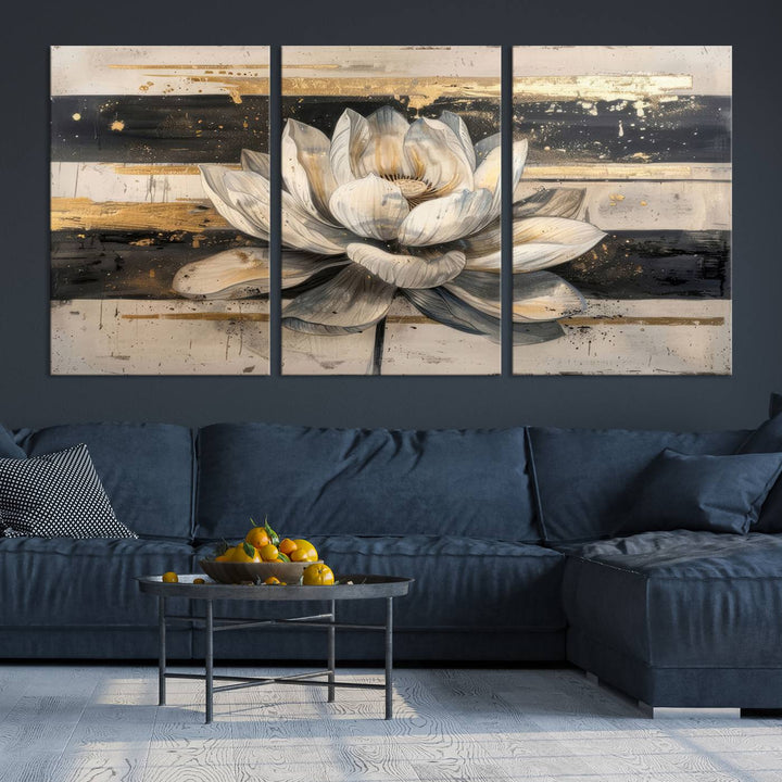 Abstract Lotus Flower Canvas Wall Art Print - Serene White and Gold Floral Design, Perfect for Living Room, Bedroom, or Office Decor, Ready to Hang