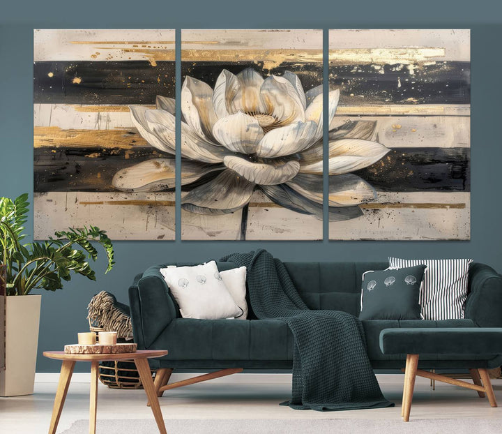 Abstract Lotus Flower Canvas Wall Art Print - Serene White and Gold Floral Design, Perfect for Living Room, Bedroom, or Office Decor, Ready to Hang