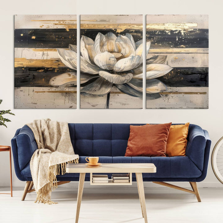 Abstract Lotus Flower Canvas Wall Art Print - Serene White and Gold Floral Design, Perfect for Living Room, Bedroom, or Office Decor, Ready to Hang