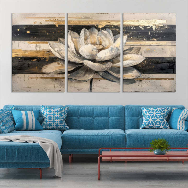 Abstract Lotus Flower Canvas Wall Art Print - Serene White and Gold Floral Design, Perfect for Living Room, Bedroom, or Office Decor, Ready to Hang