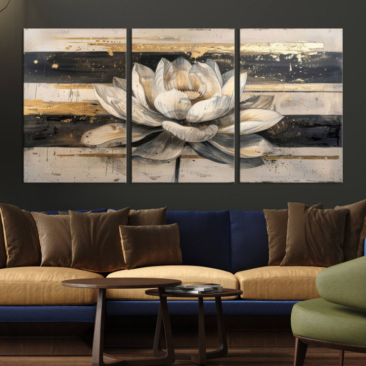 Abstract Lotus Flower Canvas Wall Art Print - Serene White and Gold Floral Design, Perfect for Living Room, Bedroom, or Office Decor, Ready to Hang