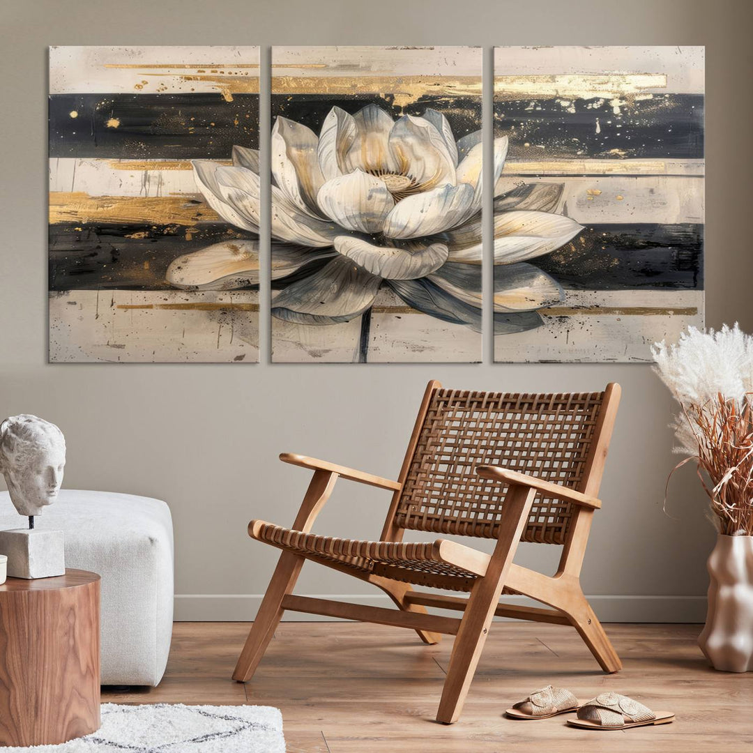 Abstract Lotus Flower Canvas Wall Art Print - Serene White and Gold Floral Design, Perfect for Living Room, Bedroom, or Office Decor, Ready to Hang