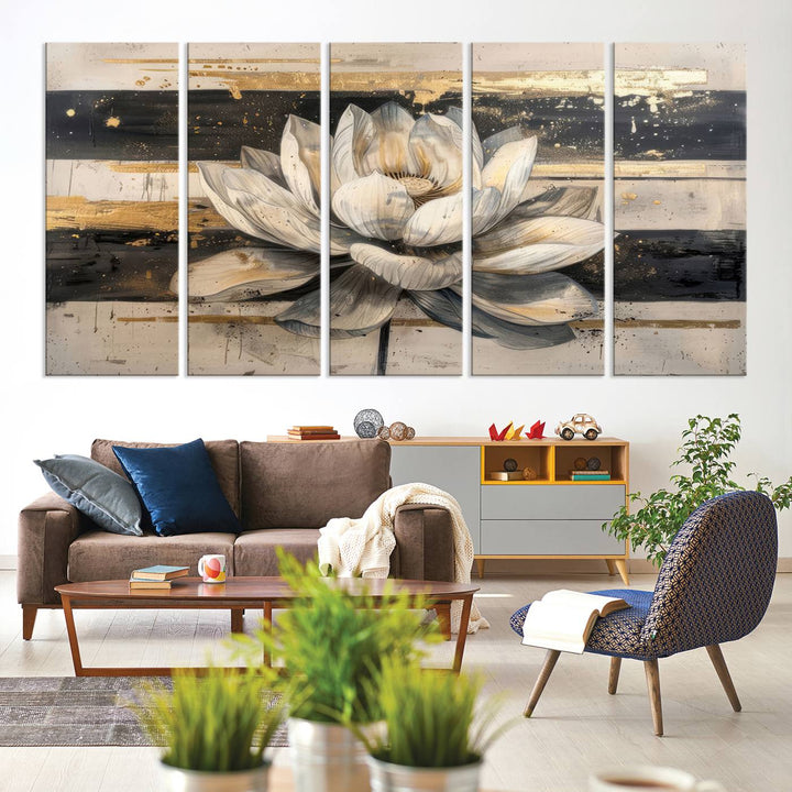 Abstract Lotus Flower Canvas Wall Art Print - Serene White and Gold Floral Design, Perfect for Living Room, Bedroom, or Office Decor, Ready to Hang