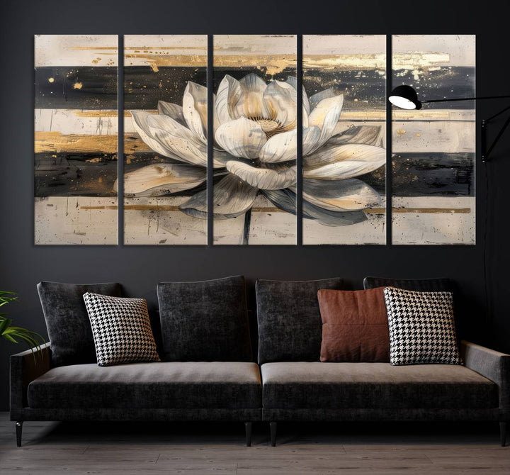 Abstract Lotus Flower Canvas Wall Art Print - Serene White and Gold Floral Design, Perfect for Living Room, Bedroom, or Office Decor, Ready to Hang