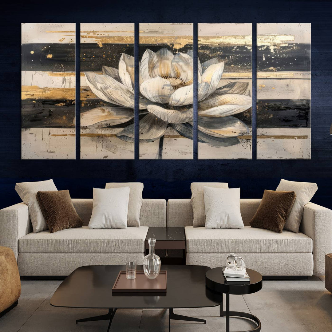 Abstract Lotus Flower Canvas Wall Art Print - Serene White and Gold Floral Design, Perfect for Living Room, Bedroom, or Office Decor, Ready to Hang