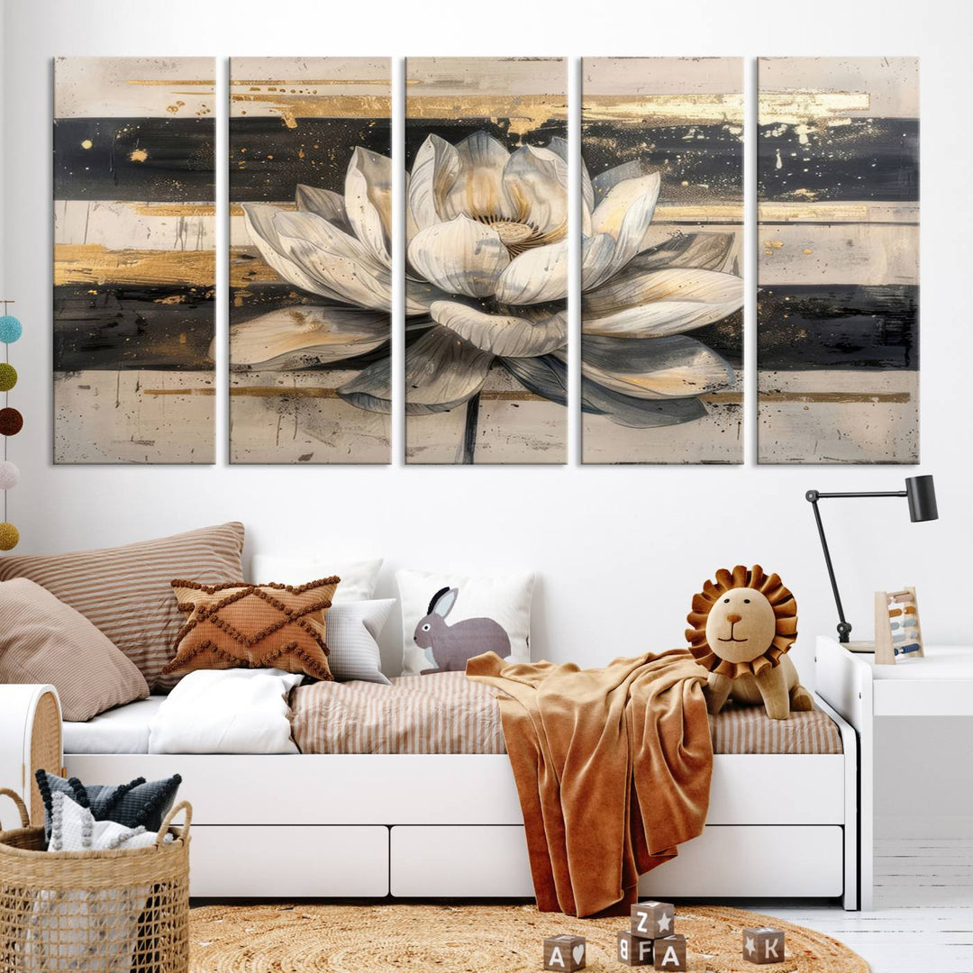 Abstract Lotus Flower Canvas Wall Art Print - Serene White and Gold Floral Design, Perfect for Living Room, Bedroom, or Office Decor, Ready to Hang