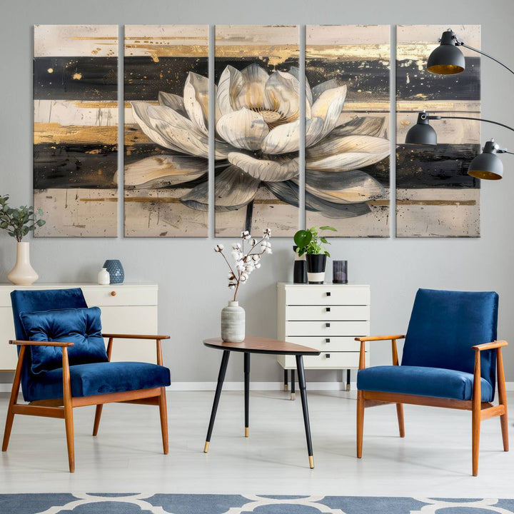 Abstract Lotus Flower Canvas Wall Art Print - Serene White and Gold Floral Design, Perfect for Living Room, Bedroom, or Office Decor, Ready to Hang