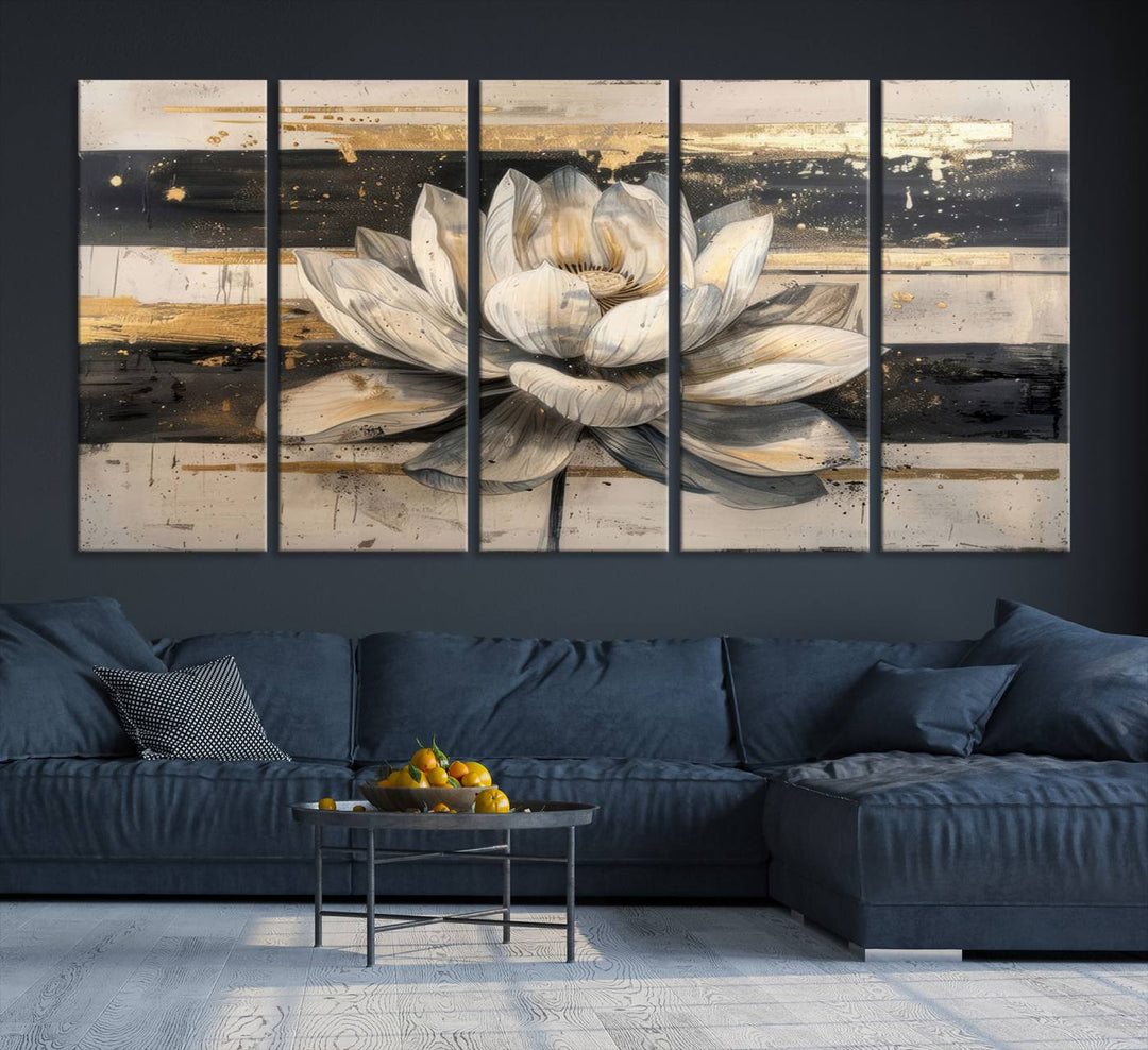 Abstract Lotus Flower Canvas Wall Art Print - Serene White and Gold Floral Design, Perfect for Living Room, Bedroom, or Office Decor, Ready to Hang