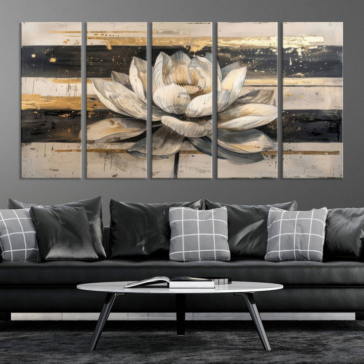 Abstract Lotus Flower Canvas Wall Art Print - Serene White and Gold Floral Design, Perfect for Living Room, Bedroom, or Office Decor, Ready to Hang