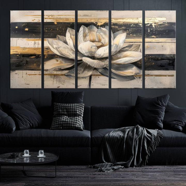 Abstract Lotus Flower Canvas Wall Art Print - Serene White and Gold Floral Design, Perfect for Living Room, Bedroom, or Office Decor, Ready to Hang