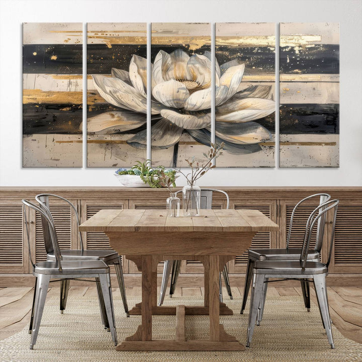 Abstract Lotus Flower Canvas Wall Art Print - Serene White and Gold Floral Design, Perfect for Living Room, Bedroom, or Office Decor, Ready to Hang