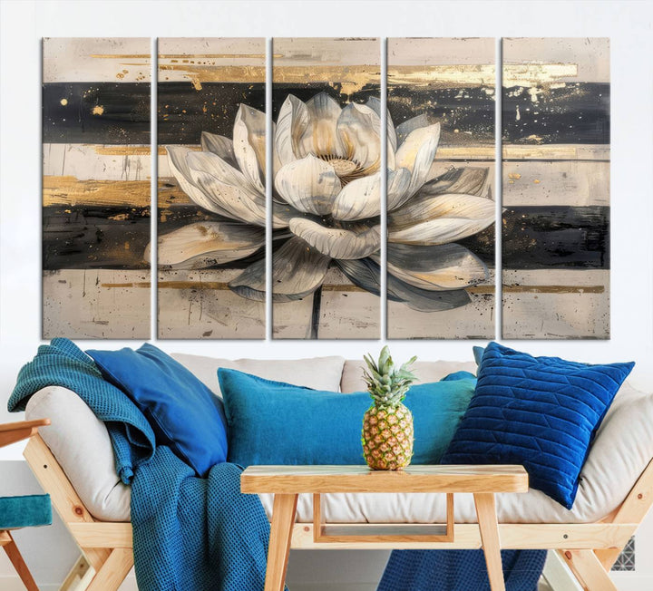 Abstract Lotus Flower Canvas Wall Art Print - Serene White and Gold Floral Design, Perfect for Living Room, Bedroom, or Office Decor, Ready to Hang