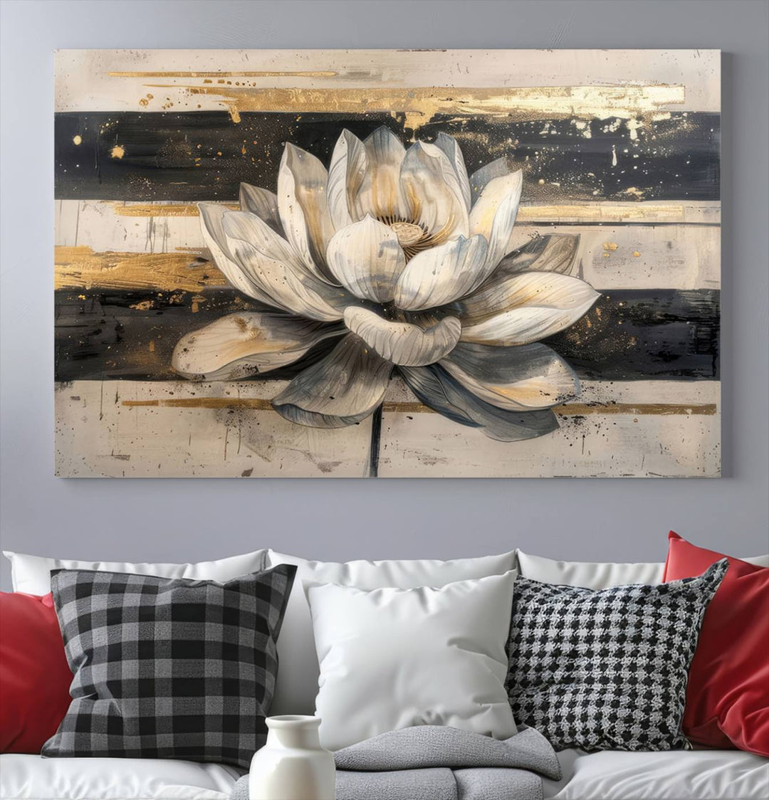 Abstract Lotus Flower Canvas Wall Art Print - Serene White and Gold Floral Design, Perfect for Living Room, Bedroom, or Office Decor, Ready to Hang