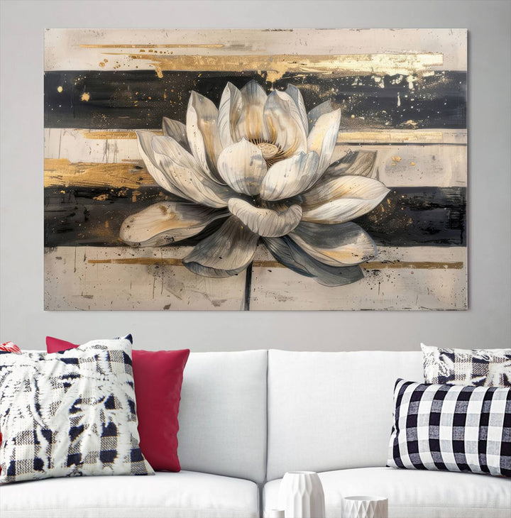 Abstract Lotus Flower Canvas Wall Art Print - Serene White and Gold Floral Design, Perfect for Living Room, Bedroom, or Office Decor, Ready to Hang