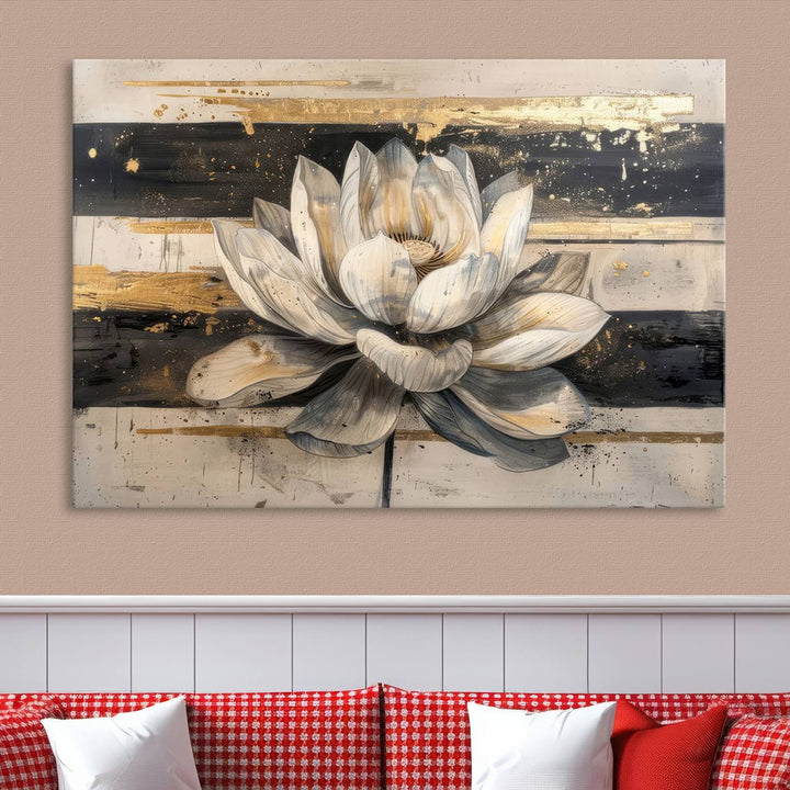 Abstract Lotus Flower Canvas Wall Art Print - Serene White and Gold Floral Design, Perfect for Living Room, Bedroom, or Office Decor, Ready to Hang