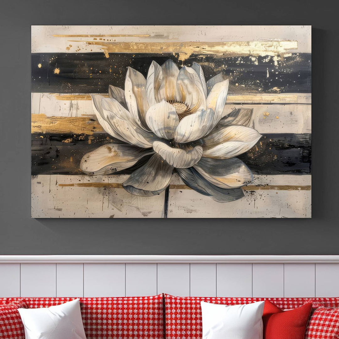 Abstract Lotus Flower Canvas Wall Art Print - Serene White and Gold Floral Design, Perfect for Living Room, Bedroom, or Office Decor, Ready to Hang