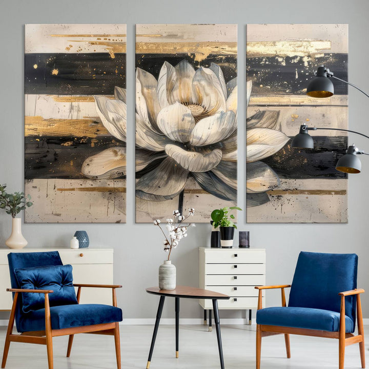 Abstract Lotus Flower Canvas Wall Art Print - Serene White and Gold Floral Design, Perfect for Living Room, Bedroom, or Office Decor, Ready to Hang