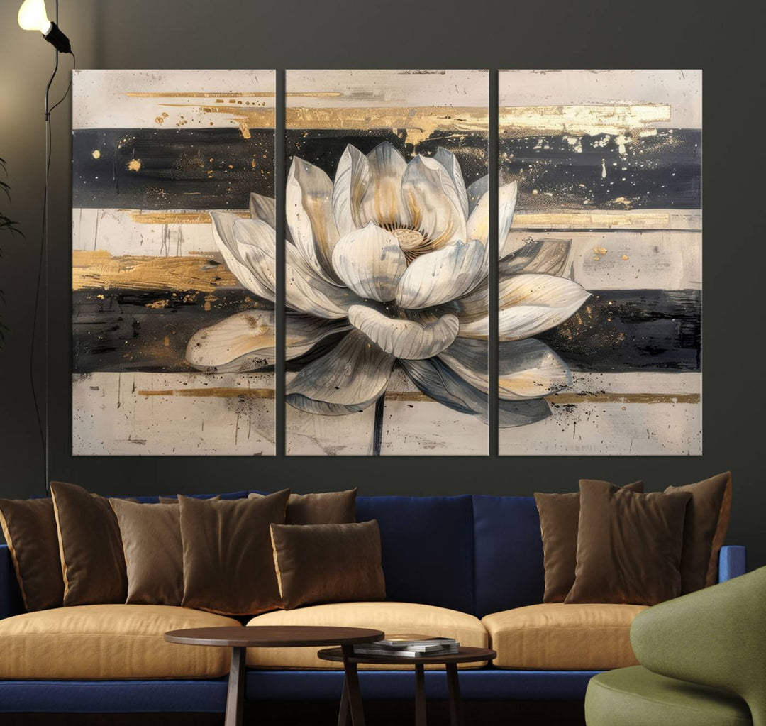 Abstract Lotus Flower Canvas Wall Art Print - Serene White and Gold Floral Design, Perfect for Living Room, Bedroom, or Office Decor, Ready to Hang