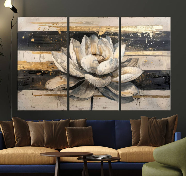 Abstract Lotus Flower Canvas Wall Art Print - Serene White and Gold Floral Design, Perfect for Living Room, Bedroom, or Office Decor, Ready to Hang