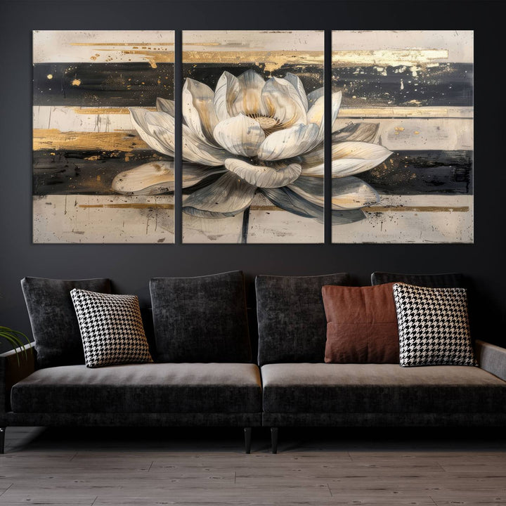 Abstract Lotus Flower Canvas Wall Art Print - Serene White and Gold Floral Design, Perfect for Living Room, Bedroom, or Office Decor, Ready to Hang