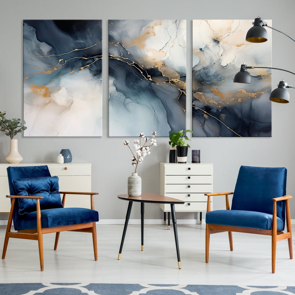 Abstract Marble Canvas Wall Art Minimalist Modern Blue Painting Printed on Canvas