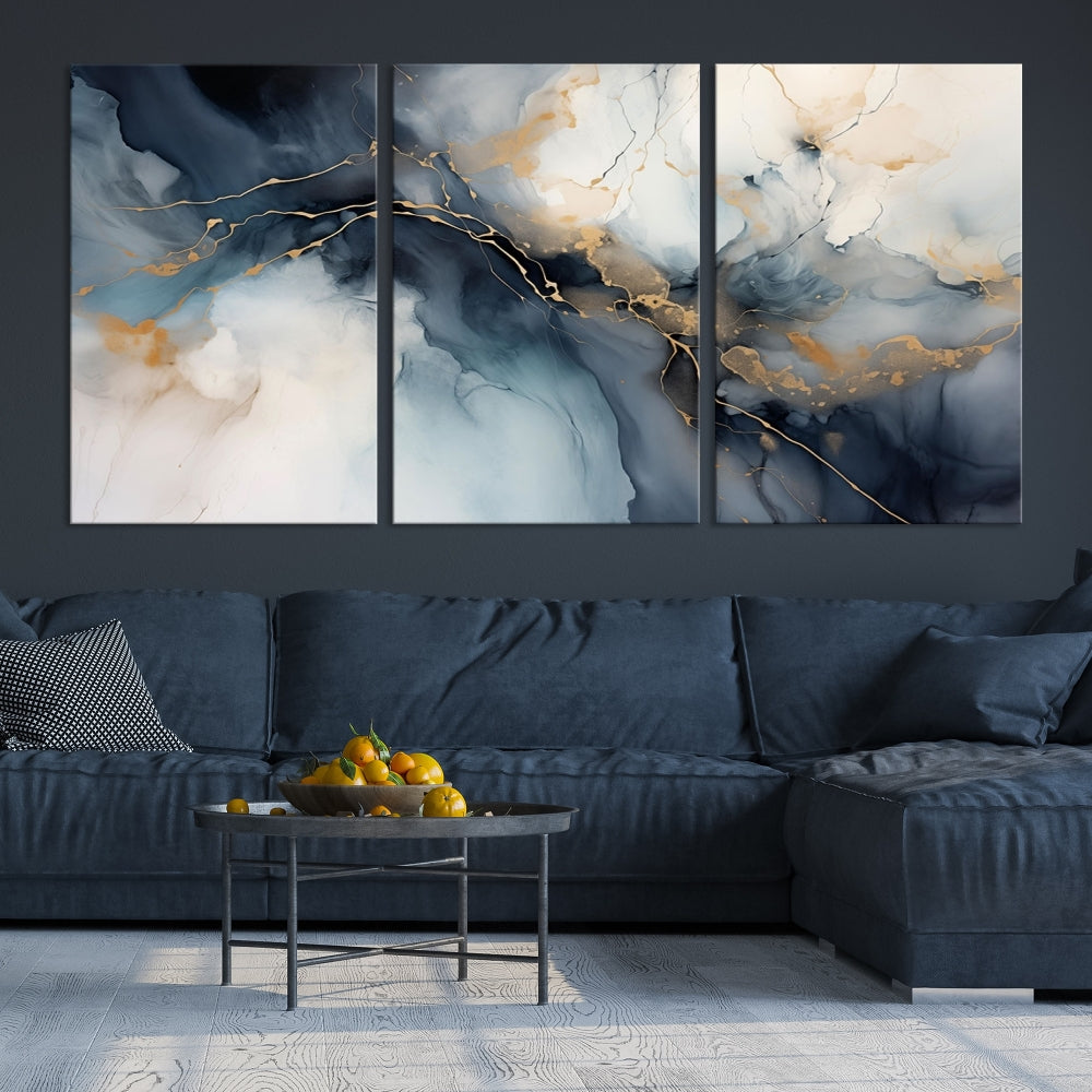 Abstract Marble Canvas Wall Art Minimalist Modern Blue Painting Printed on Canvas