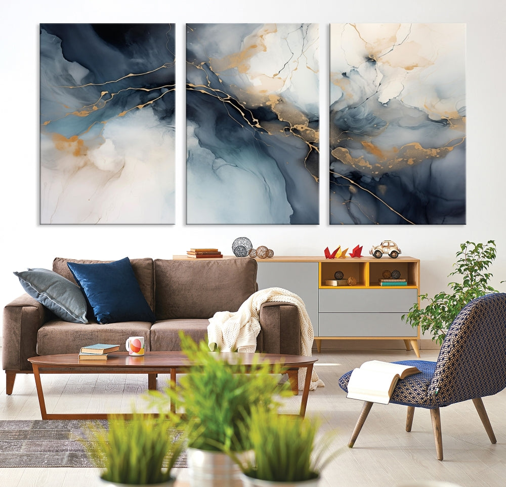 Abstract Marble Canvas Wall Art Minimalist Modern Blue Painting Printed on Canvas