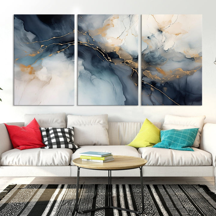 Abstract Marble Canvas Wall Art Minimalist Modern Blue Painting Printed on Canvas