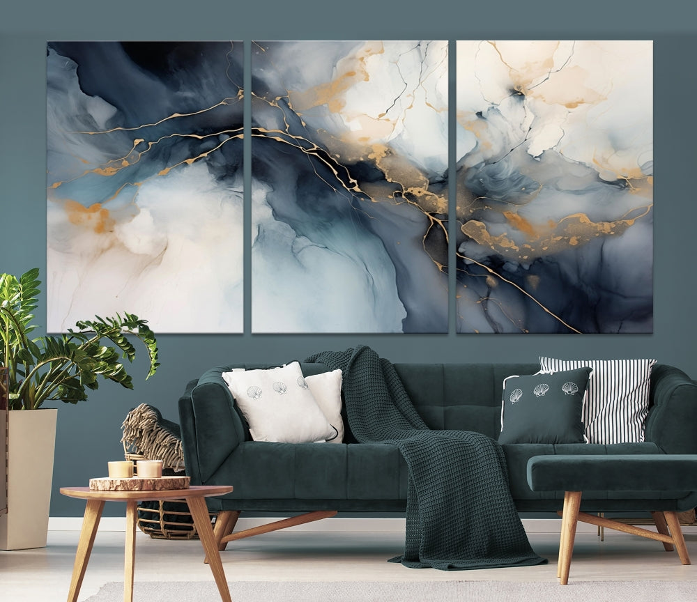 Abstract Marble Canvas Wall Art Minimalist Modern Blue Painting Printed on Canvas