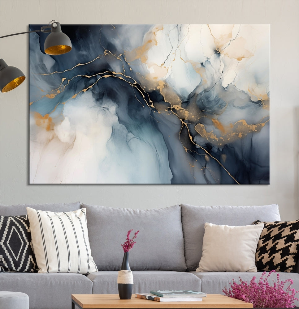 Abstract Marble Canvas Wall Art Minimalist Modern Blue Painting Printed on Canvas