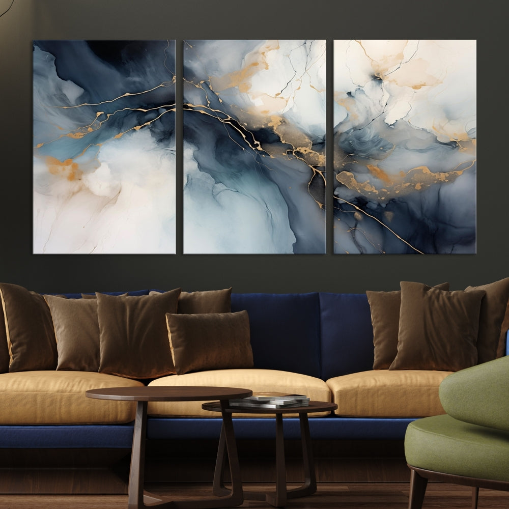 Abstract Marble Canvas Wall Art Minimalist Modern Blue Painting Printed on Canvas