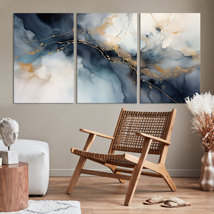 Abstract Marble Canvas Wall Art Minimalist Modern Blue Painting Printed on Canvas