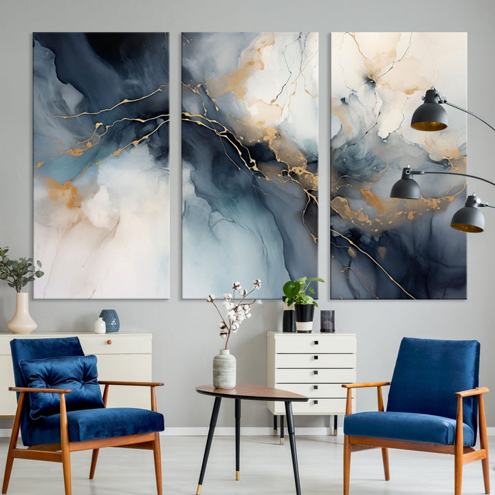 Abstract Marble Canvas Wall Art Minimalist Modern Blue Painting Printed on Canvas