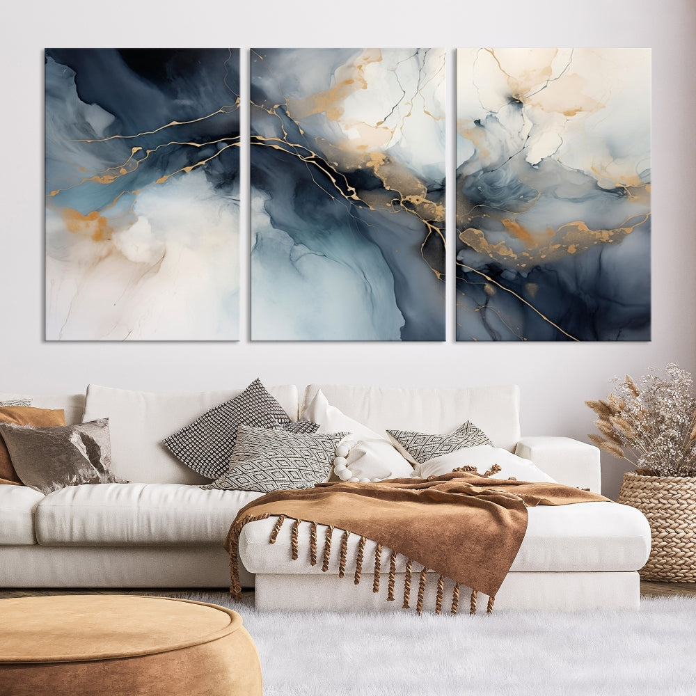 Abstract Marble Canvas Wall Art Minimalist Modern Blue Painting Printed on Canvas