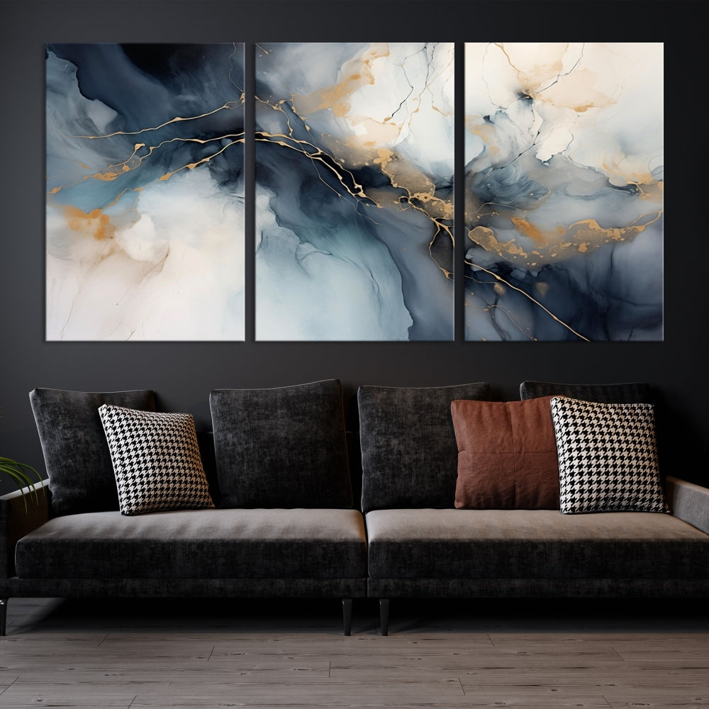 Abstract Marble Canvas Wall Art Minimalist Modern Blue Painting Printed on Canvas