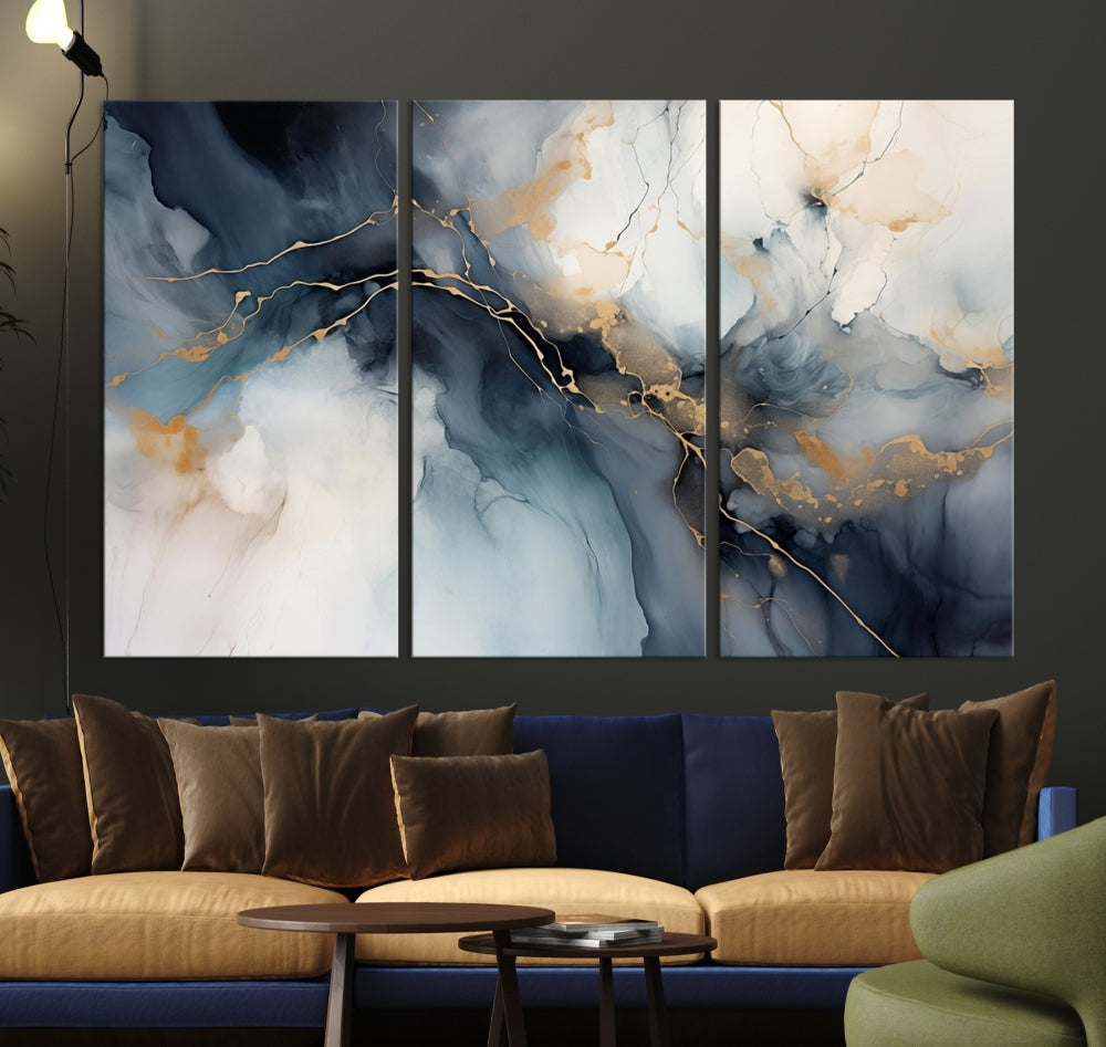 Abstract Marble Canvas Wall Art Minimalist Modern Blue Painting Printed on Canvas