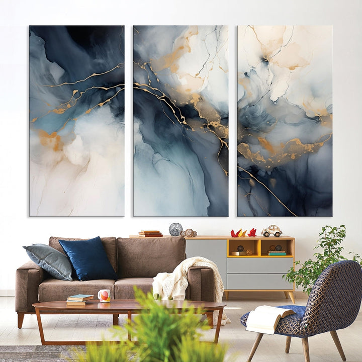 Abstract Marble Canvas Wall Art Minimalist Modern Blue Painting Printed on Canvas