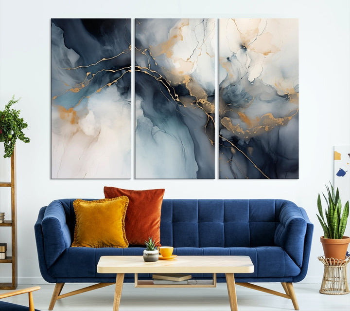 Abstract Marble Canvas Wall Art Minimalist Modern Blue Painting Printed on Canvas