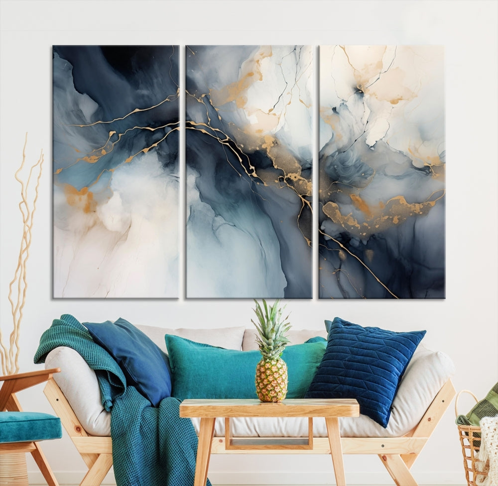 Abstract Marble Canvas Wall Art Minimalist Modern Blue Painting Printed on Canvas