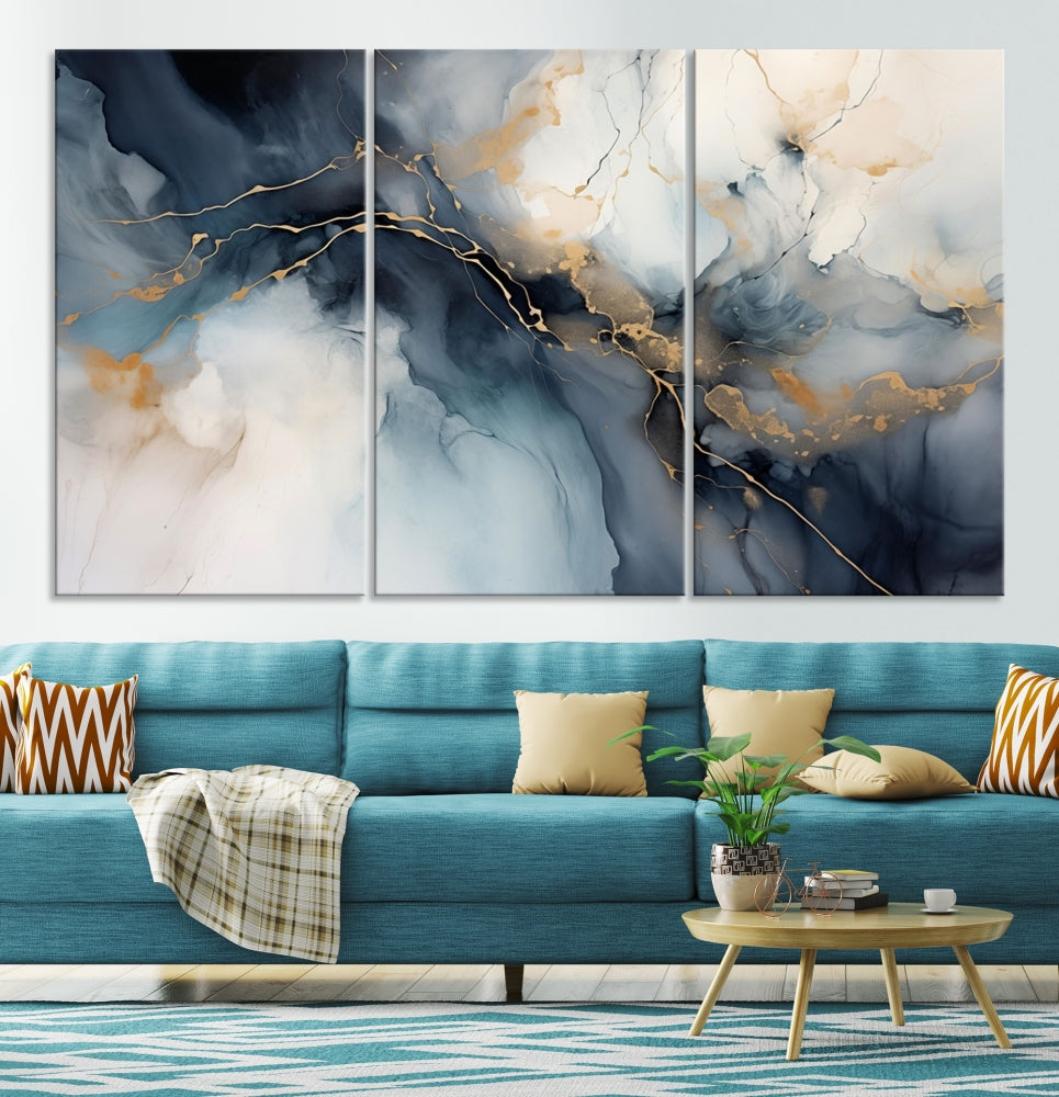 Abstract Marble Canvas Wall Art Minimalist Modern Blue Painting Printed on Canvas