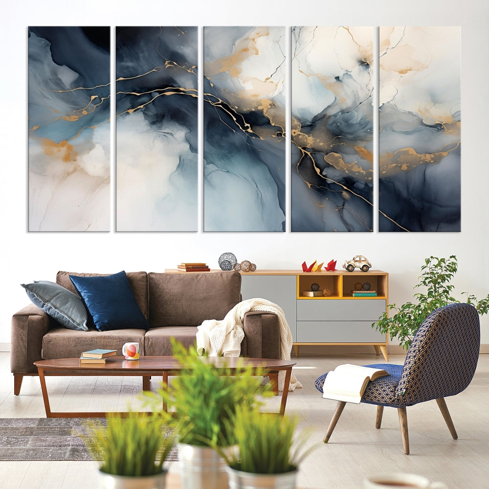 Abstract Marble Canvas Wall Art Minimalist Modern Blue Painting Printed on Canvas