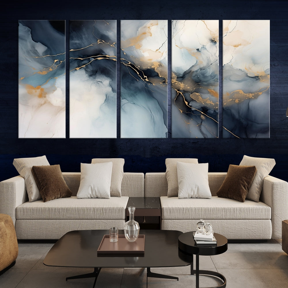 Abstract Marble Canvas Wall Art Minimalist Modern Blue Painting Printed on Canvas