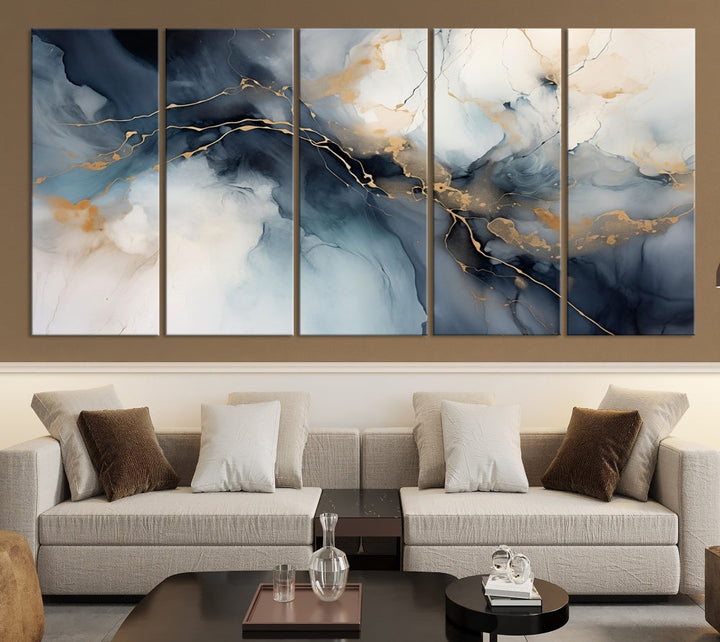 Abstract Marble Canvas Wall Art Minimalist Modern Blue Painting Printed on Canvas