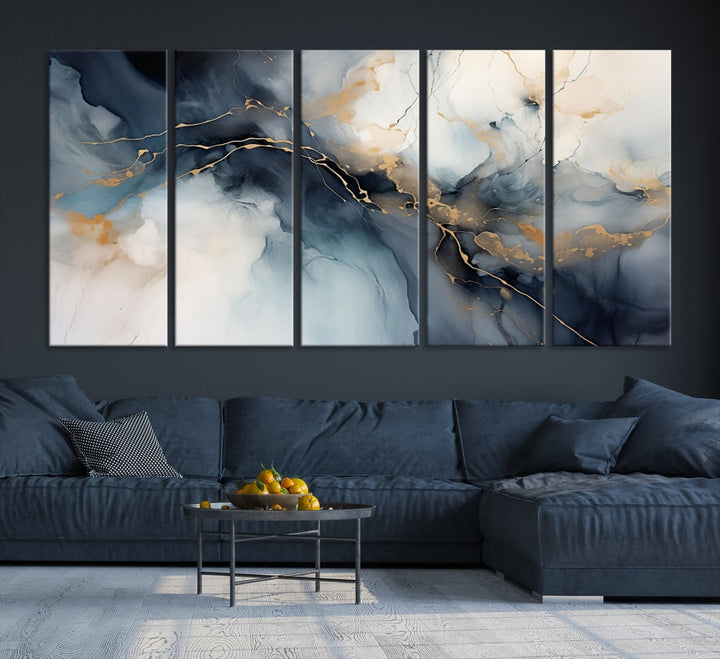 Abstract Marble Canvas Wall Art Minimalist Modern Blue Painting Printed on Canvas