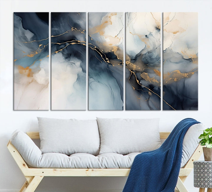 Abstract Marble Canvas Wall Art Minimalist Modern Blue Painting Printed on Canvas