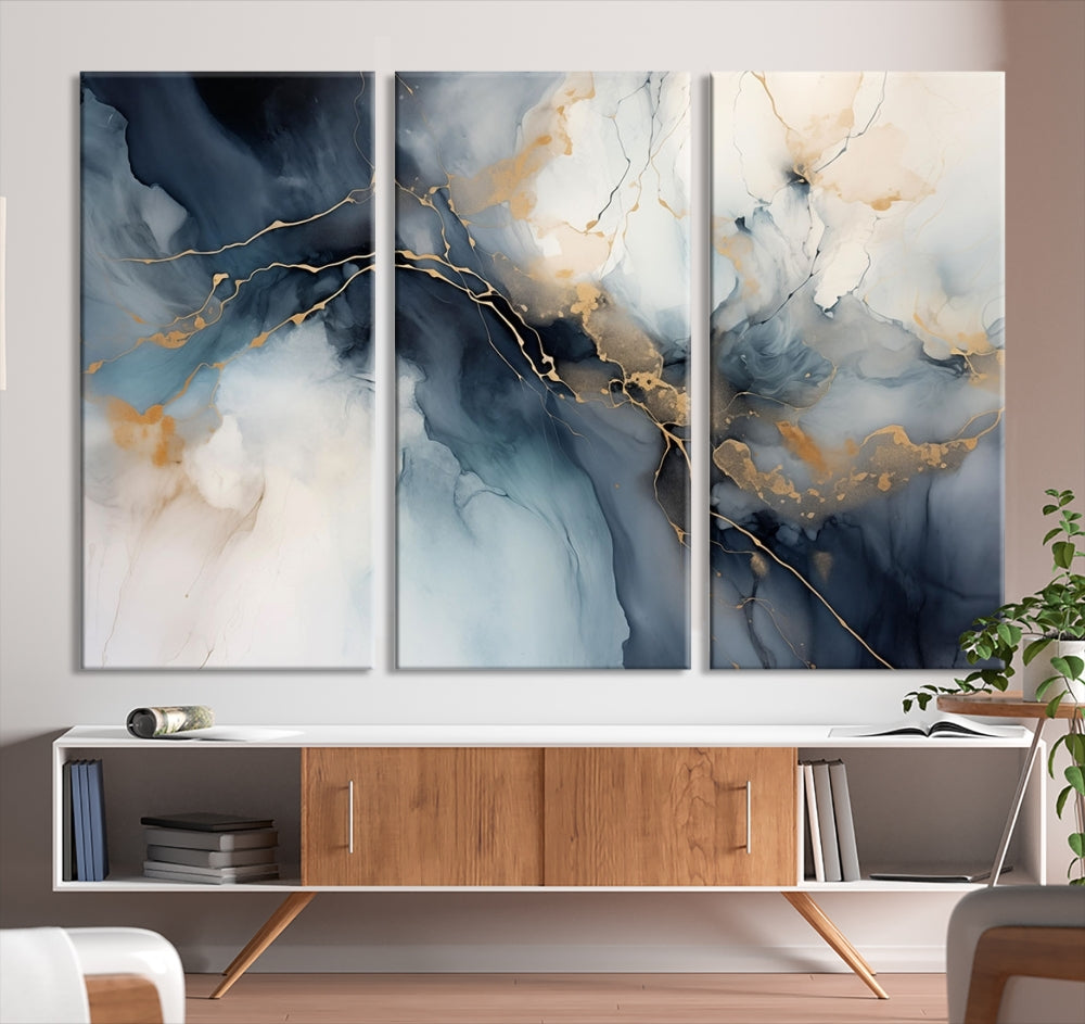 Abstract Marble Canvas Wall Art Minimalist Modern Blue Painting Printed on Canvas